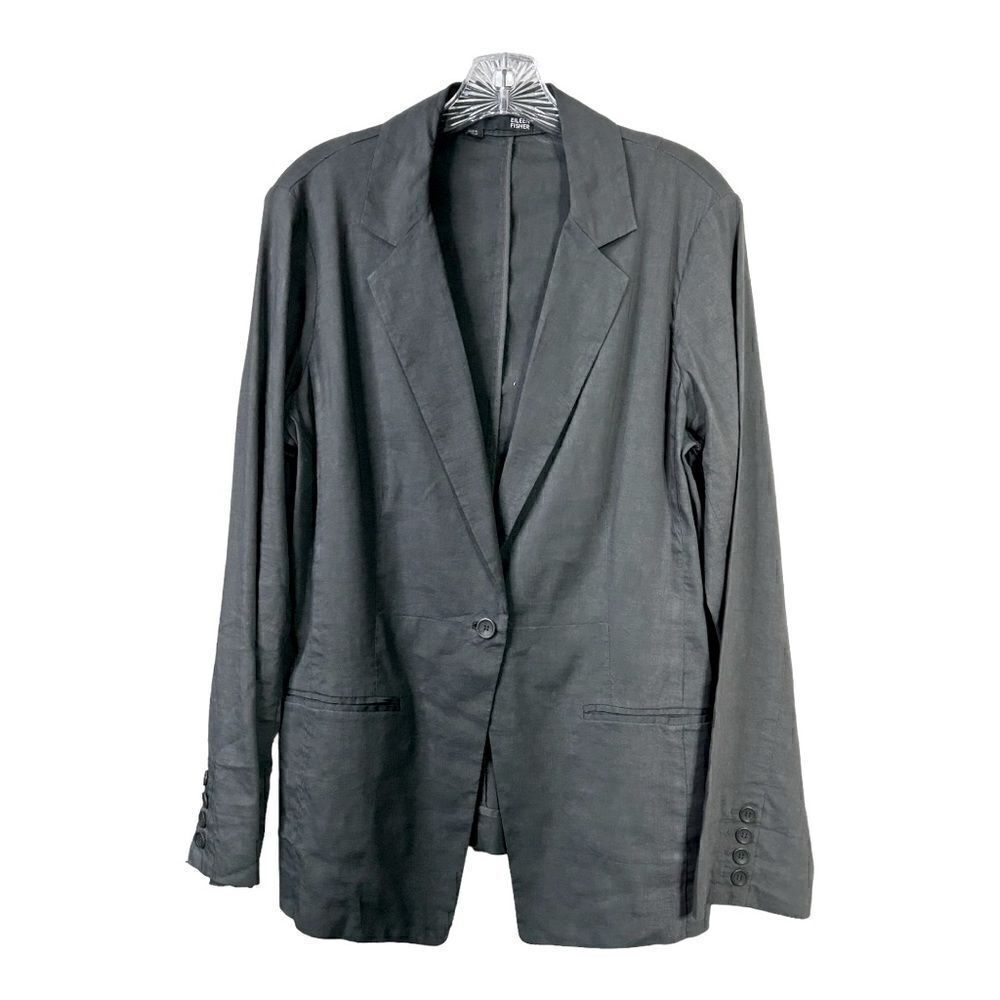 EILEEN FISHER Organic Linen Blazer Gray Jacket Button Notch Lapel Women 14